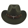 Detail of dark olive wool felt cowboy hat featuring silver bull head metal ornament - M (56-58cm) / Army Green