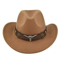 Detail of western cowboy hat featuring silver bull head emblem and leather decorative band - M (56-58cm) / Dark Khaki