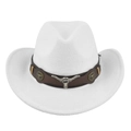 Close-up of white felt cowboy hat featuring a brown leather band and silver bull head emblem - M (56-58cm) / White