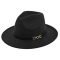 Close-up of wide brim wool jazz hat with elegant black leather band and gold chain link - M (56-58cm) / Black