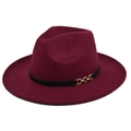 Detail of burgundy wool felt jazz hat with a black band and gold chain buckle accent - M (56-58cm) / Burgundy