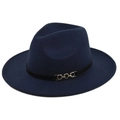 Detail of navy blue wool fedora hat featuring a black band with gold metal chain link - M (56-58cm) / Navy Blue