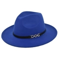 Close-up of royal blue wool fedora featuring a black leather band and gold chain buckle - M (56-58cm) / Blue