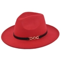 Detail of red wool fedora hat featuring a black leather band and gold chain buckle - M (56-58cm) / Red