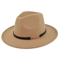Detail of camel fedora hat featuring a black leather band and triple gold chain buckle - M (56-58cm) / Khaki
