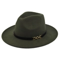 Classic dark olive green wool fedora hat with black band and gold chain link detail - M (56-58cm) / Army Green