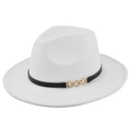 Detail of white wool fedora hat featuring black leather band and gold metal chain buckle - M (56-58cm) / White