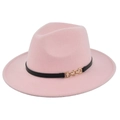 Detail of pink wide brim fedora hat with black band and gold chain buckle link - M (56-58cm) / Pink