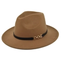 Close-up of camel wool fedora hat with black leather band and gold chain buckle detail - M (56-58cm) / Dark Khaki