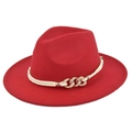 Detail of red wool fedora with twisted rope band and gold rhinestone chain buckle - M(56-58cm) / Red (BF156-5)