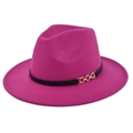 Detail of magenta fedora hat with flat brim featuring a black strap and gold chain link - M (56-58cm) / Rose Red