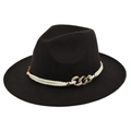 Close-up of black wool fedora featuring cream braided band and gold rhinestone chain detail - M(56-58cm) / Coffee (BF156-7)