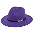 Close-up of deep purple wool fedora hat featuring a black leather band and gold chain buckle - M (56-58cm) / Purple