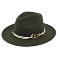 Detail of dark olive wool fedora with white braided rope and gold chain buckle ornament - M(56-58cm) / Army Green (BF156-9)