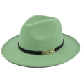 Detailed shot of mint green fedora hat with a black leather band and gold chain buckle - M (56-58cm) / Verdant
