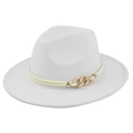Detail of white fedora hat with golden woven belt and interlocking metal chain buckle - M(56-58cm) / White (BF156-10)