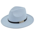 Detail of light blue felt jazz hat with black leather strap and gold chain buckle - M (56-58cm) / Sky Blue