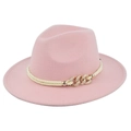Pink fedora hat with a woven cord and sparkling gold rhinestone chain ornament - M(56-58cm) / Pink (BF156-11)