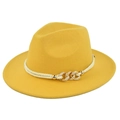 Classic yellow felt fedora hat with braided rope band and gold metal chain link accents - M(56-58cm) / Yellow (BF156-12)