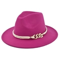 Detailed view of rose red felt fedora with white braided band and gold buckle detail - M(56-58cm) / Rose Red (BF156-14)