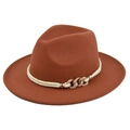 Detailed macro view of caramel wool fedora hat featuring woven rope and gold chain trim - M(56-58cm) / Rust Red (BF156-18)