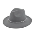 Detail of grey wool fedora hat featuring a decorative silver metallic chain on brim - M (56-58cm) / Gray