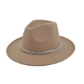 Detail view of khaki wool fedora hat featuring a stylish silver chain decoration - M (56-58cm) / Khaki