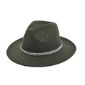 Detail of silver chain trim on dark olive green fedora wool felt jazz hat - M (56-58cm) / Army Green