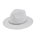 Detail of white wool fedora hat featuring a stylish silver metal Cuban link chain trim - M (56-58cm) / White