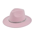 Pink wool fedora hat with a silver chain link band on a flat wide brim jazz hat - M (56-58cm) / Pink