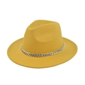 Detailed top view of a yellow wool fedora hat with a stylish silver chain band decoration - M (56-58cm) / Yellow