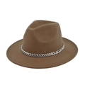 Close-up of camel wool fedora hat featuring a wide flat brim and thick silver metal chain - M (56-58cm) / Dark Khaki