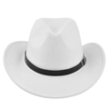 Classic white felt cowboy hat with adjustable black leather band and silver buckle detail - White