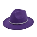 Detail view of purple wool fedora with a decorative silver chain and flat brim - M (56-58cm) / Purple