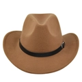 Classic brown felt cowboy hat featuring a black decorative band and silver metal buckle - Dark Khaki