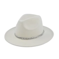 Detail of wide brim beige wool fedora featuring a silver metal chain accessory band - M (56-58cm) / Off White