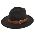 Close-up of black felt fedora featuring a brown leather belt and gold metal buckle detail - M(56-58cm) / Coffee