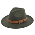 Close-up of dark green wool fedora hat featuring a brown leather band and gold metal buckle - M(56-58cm) / Army Green