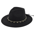 Detail of black wool fedora hat featuring gold and black metallic chain trim decoration - M (56-58cm) / Black