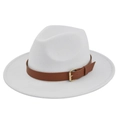 Detail of white felt fedora hat with a brown leather strap and gold metallic buckle - M(56-58cm) / White