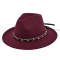 Detail of burgundy wool fedora hat featuring gold metal chain and black ribbon band - M (56-58cm) / Burgundy