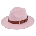 Detailed view of a pink wide-brim fedora hat with a brown leather belt and gold buckle - M(56-58cm) / Pink