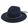 Detailed close-up of the vintage dark blue wool fedora hat with gold metal chain trim - M (56-58cm) / Navy Blue