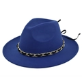 Detailed close-up of blue wool fedora hat with gold and black metal chain decoration - M (56-58cm) / Blue