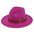 Detailed close-up of wide brim felt fedora with brown leather belt and gold metal buckle - M(56-58cm) / Rose Red