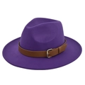 Detail of purple wool fedora hat featuring a brown leather band and gold metal buckle - M(56-58cm) / Purple