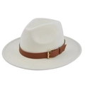 Detailed view of white wool fedora hat with a brown faux leather belt and gold metal buckle - M(56-58cm) / Off White