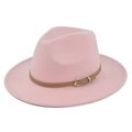 Chapeau fedora en laine rose clair classique avec ceinture en cuir brun et boucle dorée - M (56-58cm) / Style Rose (BF140-11)