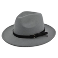 Classic grey felt fedora hat featuring a black faux leather band and golden metal buckle - M (56-58cm) / Gray