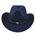 Donkerblauwe wollen vilten cowboyhoed met vintage stierkop embleem en decoratieve leren band - M / Marineblauw